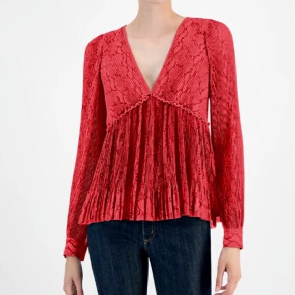 NEW Michael Kors Womens Animal Printed Pleated Top Rhubarb L - Picture 1 of 10